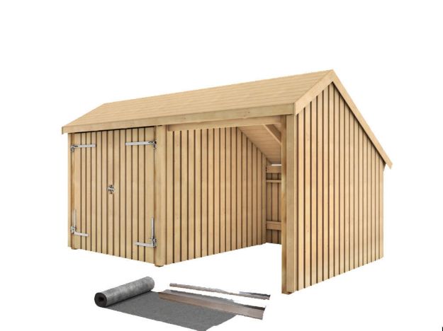 Bild von Plus Gartengebäude Multihaus offen mit Doppeltor 432 x 248 cm - Dachpappe und Aluleisten