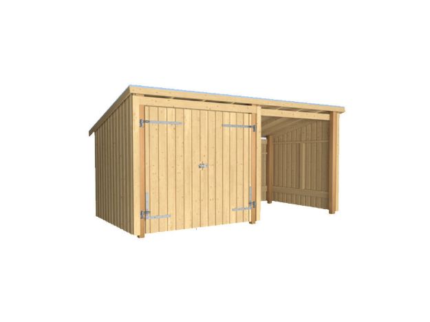 Bild von Plus Gartengebäude Nordic Multihaus offen mit Doppeltor 432 x 218 cm - Dachpappe und Aluleisten