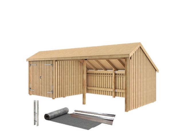 Bild von Plus Gartengebäude Multihaus offen mit Doppeltor 635 x 248 cm - Dachpappe und Aluleisten