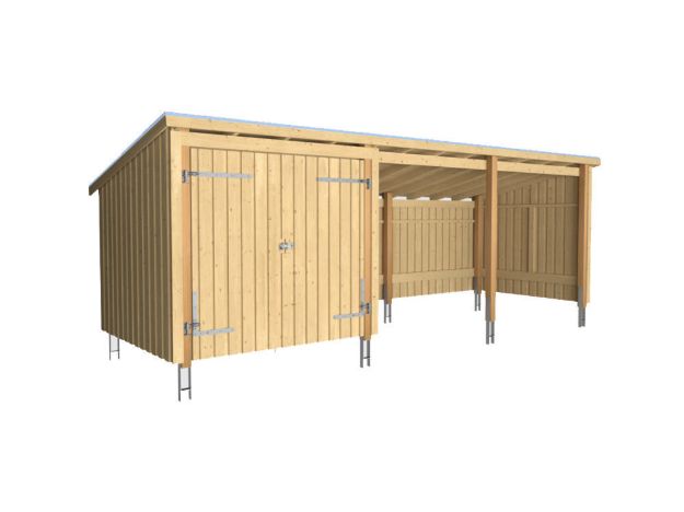 Bild von Plus Gartengebäude Nordic Multihaus offen mit Doppeltor 635 x 218 cm - Dachpappe, Aluleisten und Bodenanker
