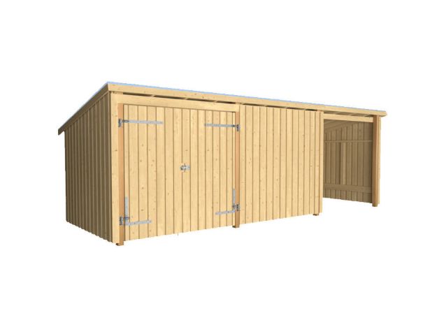 Bild von Plus Gartengebäude Nordic Multihaus ein Drittel offen mit Doppeltor 635 x 218 cm - Dachpappe und Aluleisten