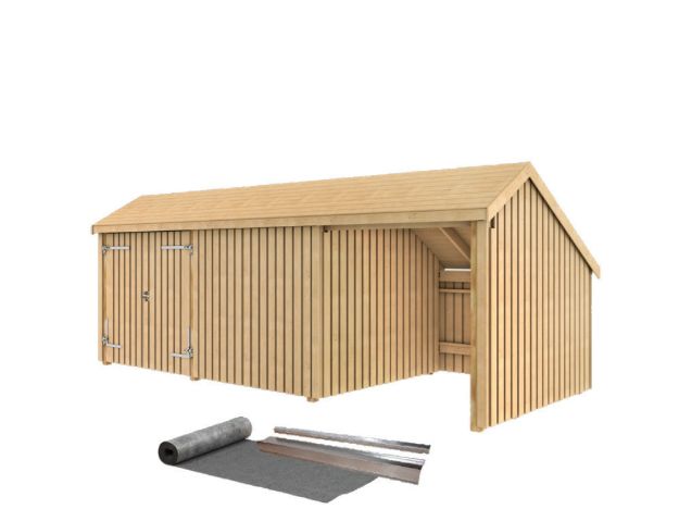 Bild von Plus Gartengebäude Multihaus ein Drittel offen mit Doppeltor 635 x 248 cm - Dachpappe und Aluleisten