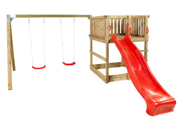 Immagine di Plus Play Spielturm mit Schaukelbalken und roter Rutsche 460 x 395 x 200 cm