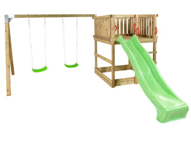Immagine di Plus Play Spielturm mit Schaukelbalken und grüner Rutsche 460 x 395 x 200 cm
