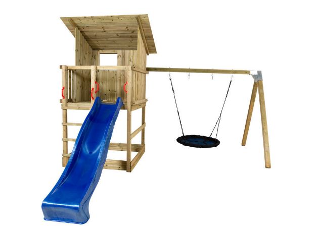 Bild von Plus Play Spielturm mit Dach, Schaukelbalken und blauer Rutsche 460 x 395 x 283 cm