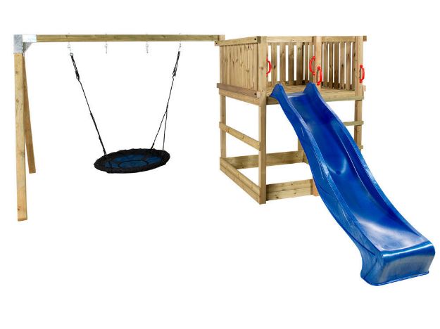 Bild von Plus Play Spielturm mit Schaukelbalken und blauer Rutsche 460 x 395 x 200 cm