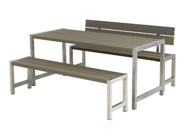 Bild von Plus Plankengarnitur 186 cm mit Tisch, 2 Bänken und 1 Rückenlehne graubraun