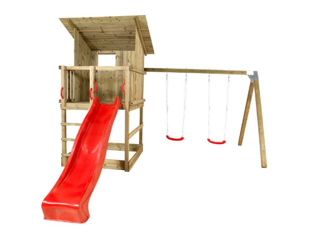 Immagine di Plus Play Spielturm mit Dach, Schaukelbalken und roter Rutsche 460 x 395 x 283 cm