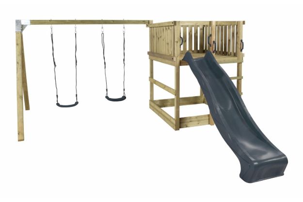 Immagine di Plus Play Spielturm mit Schaukelbalken und grauschwarzer Rutsche 460 x 395 x 200 cm