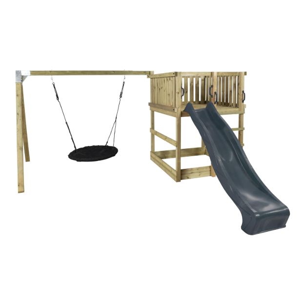 Bild von Plus Play Spielturm mit Nestschaukel und grauschwarzer Rutsche 460 x 395 x 200 cm